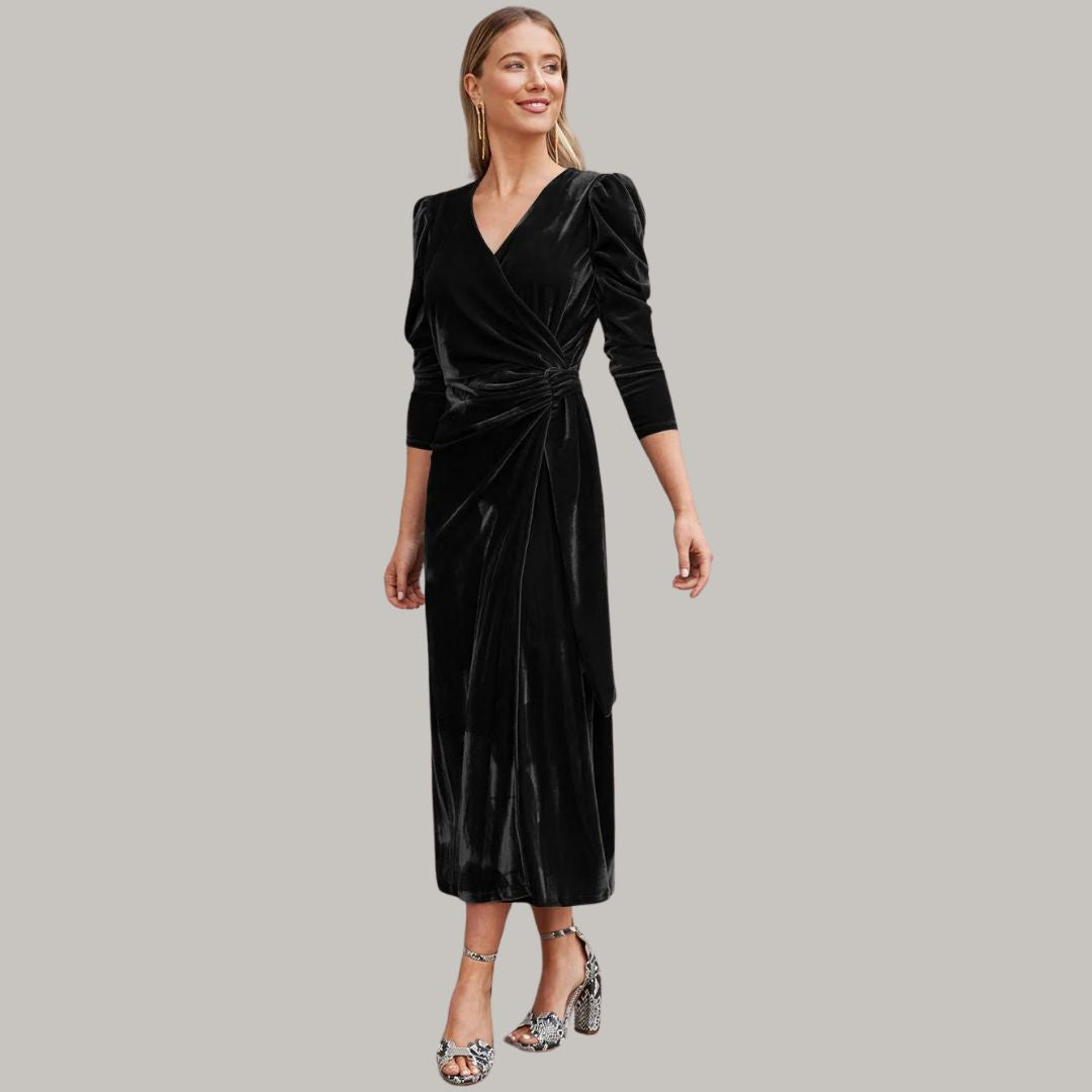 Sylis midi long wrap type velvet dress with puffed sleeves