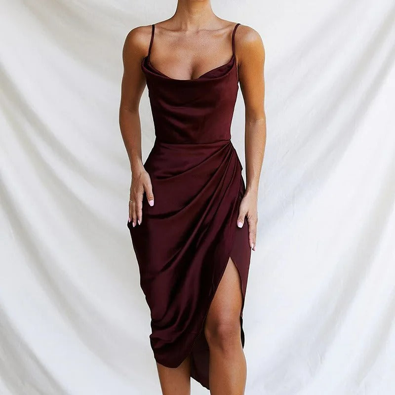 Satin dress with ruffles and thin straps