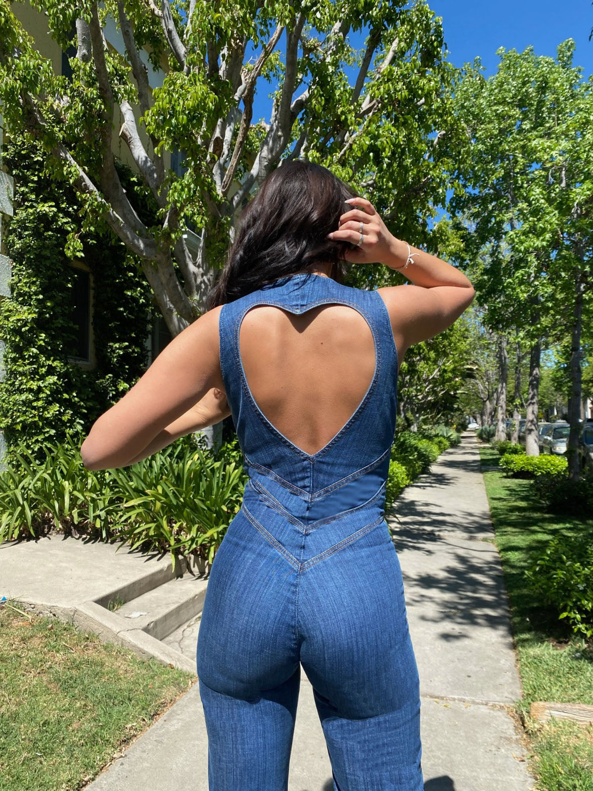 Sylis | Denim overalls for women, back cutout with heart-shaped neckline, sleeveless, fitted, jumpsuit