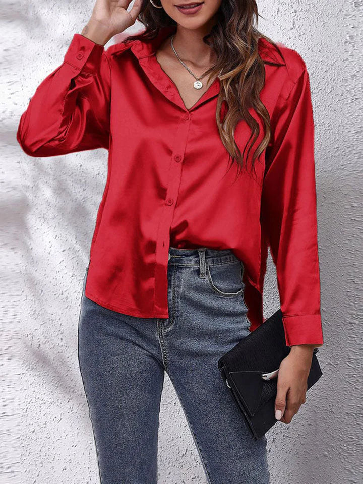 Satin blouse for women - Loose fit - Button placket - Long silk sleeves