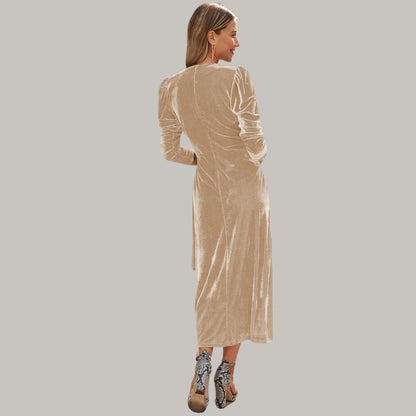 Sylis midi long wrap type velvet dress with puffed sleeves