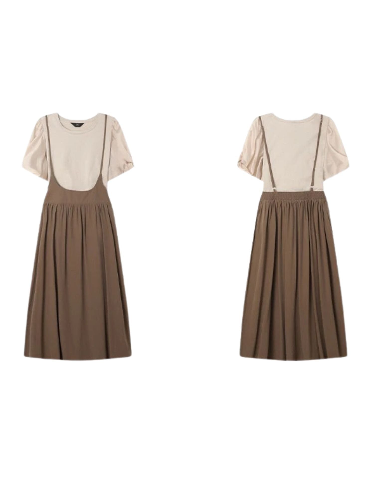 Flat lay of beige blouse paired with brown skirt
