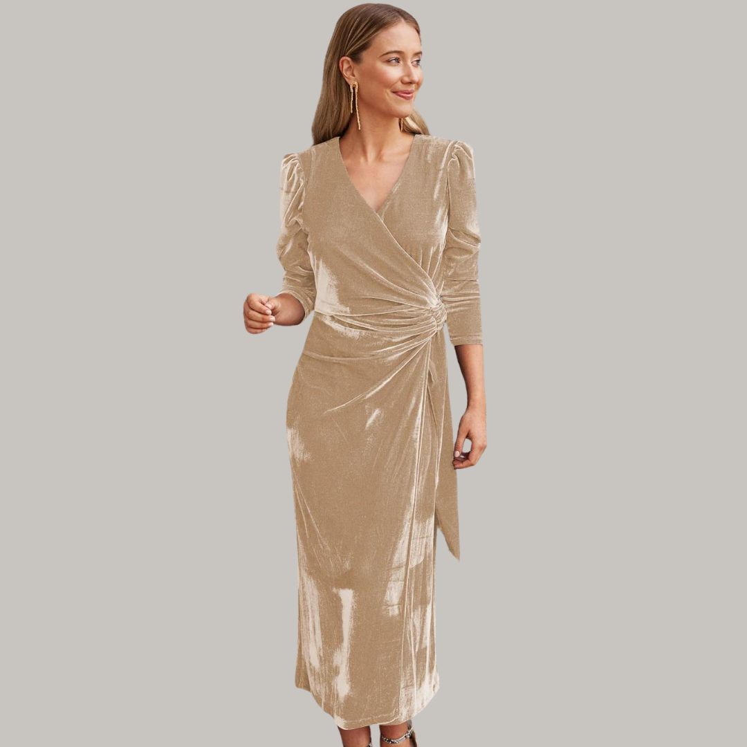 Sylis midi long wrap type velvet dress with puffed sleeves