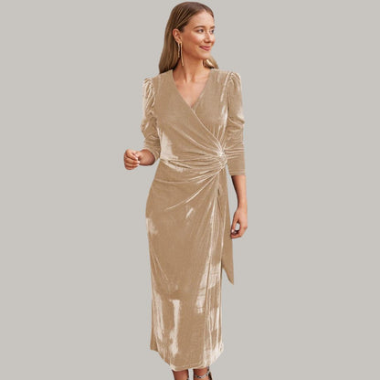 Sylis midi long wrap type velvet dress with puffed sleeves