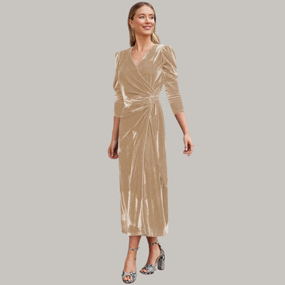 Sylis midi long wrap type velvet dress with puffed sleeves