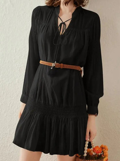 Close-up front view of black pleated mini dress with belt and long sleeves