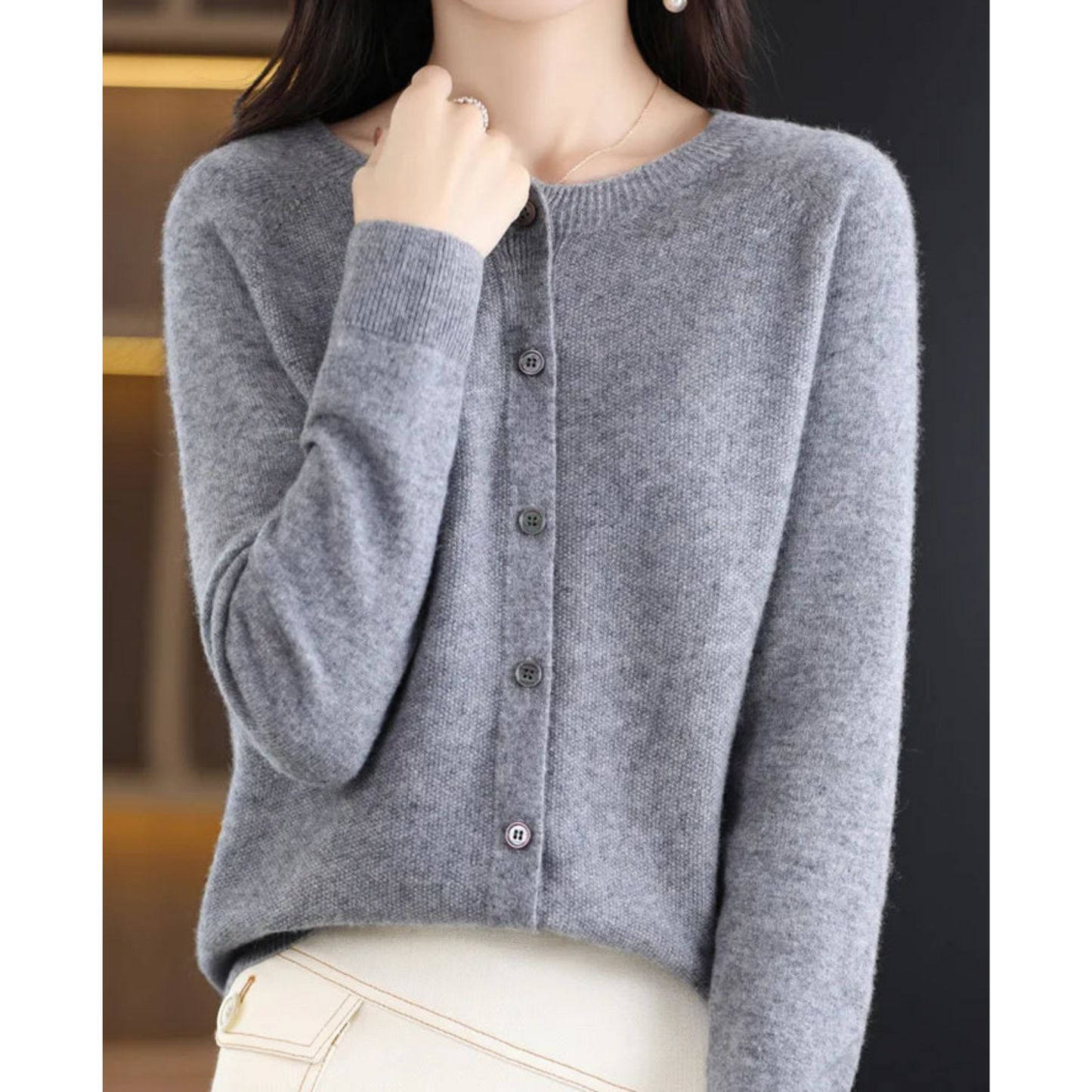 Sylis-Mode | Merino wool Women O-neck knitted cardigan sweater