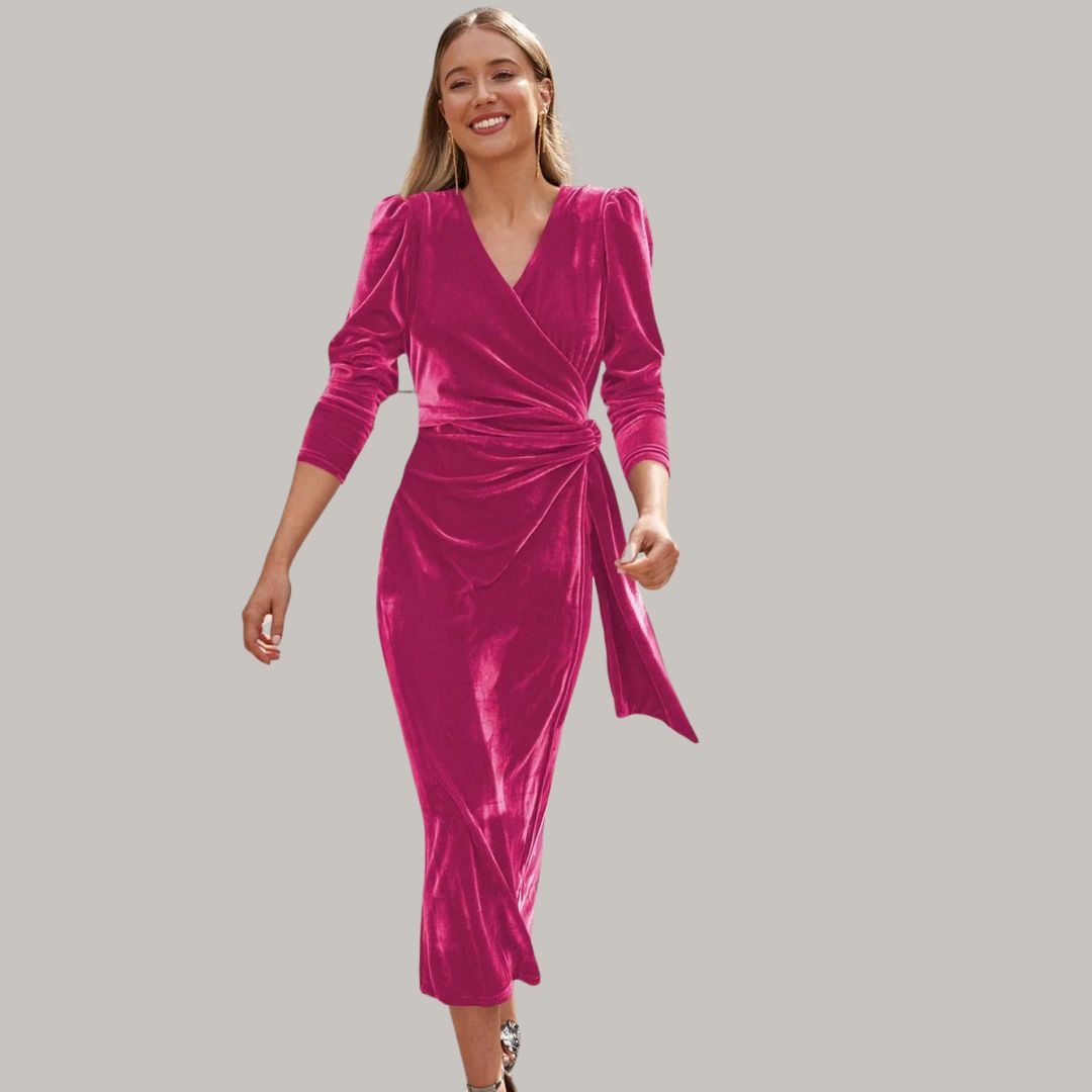Sylis midi long wrap type velvet dress with puffed sleeves
