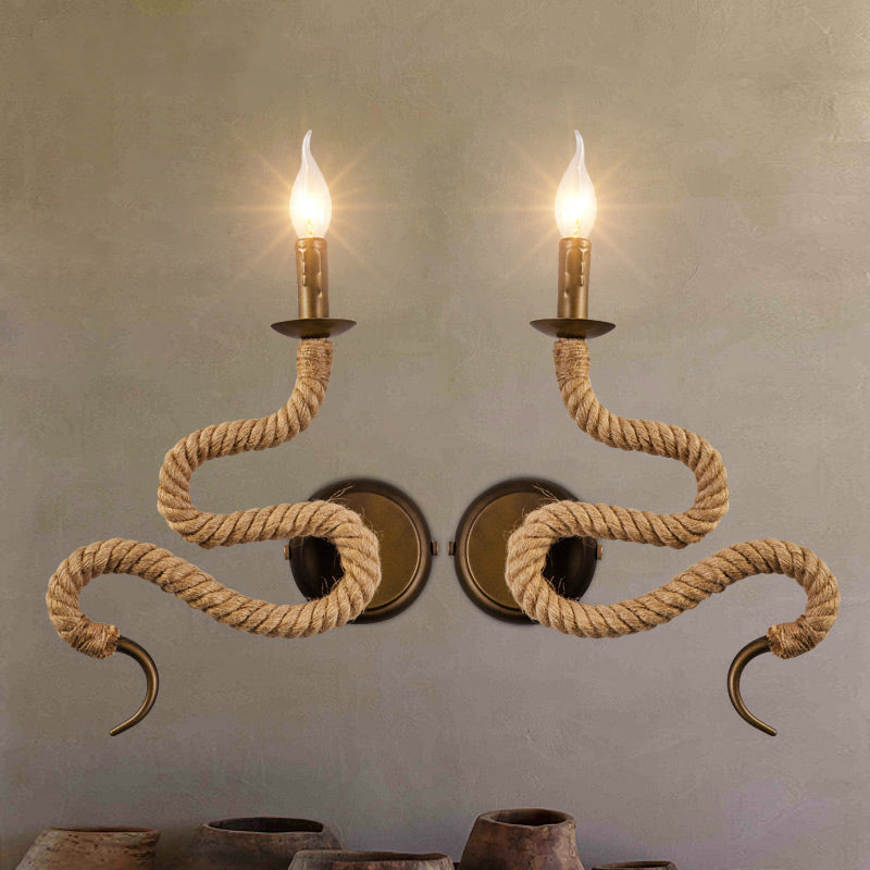 Candle Holder Ropestone Wall Lamp with Curved Design Vintage 1 Light Bedroom Wall Mounted Lamp in Bronze
