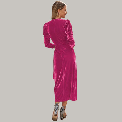Sylis midi long wrap type velvet dress with puffed sleeves