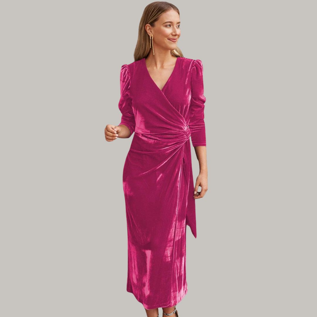 Sylis midi long wrap type velvet dress with puffed sleeves