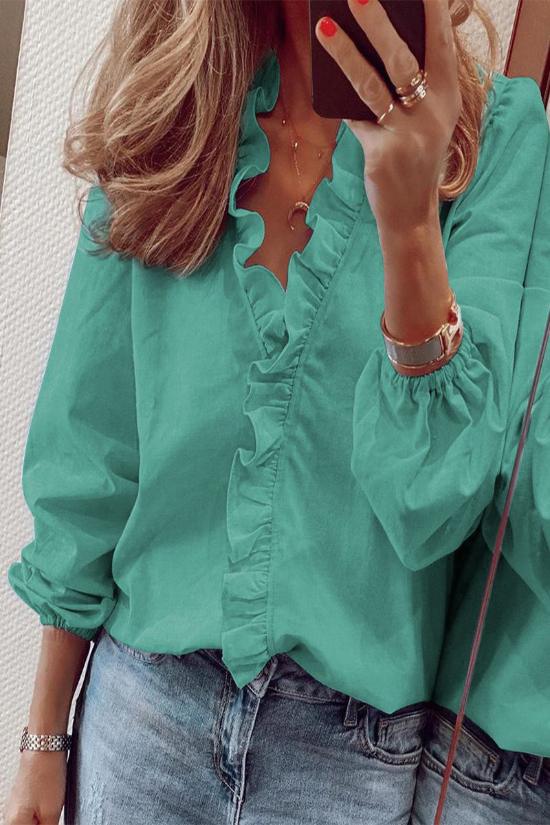 Sylis long sleeve V neck dress with ruffles