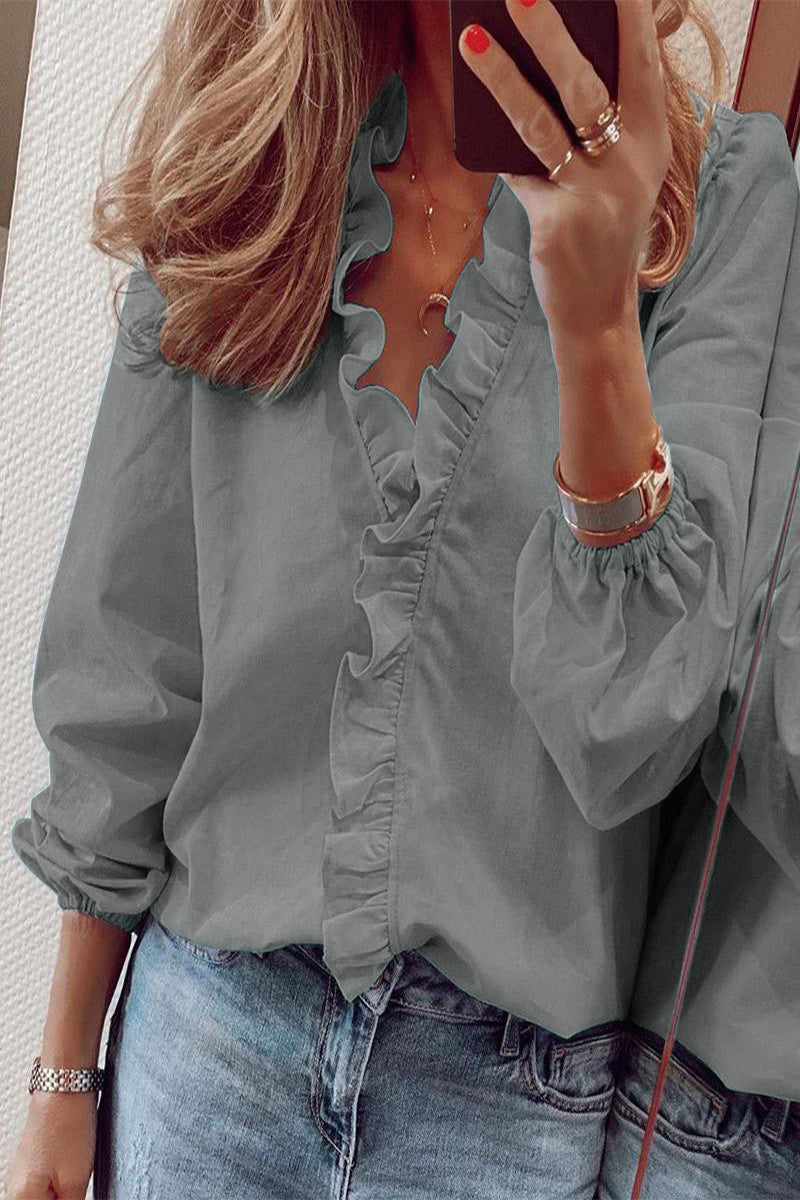 Sylis | Long sleeve V neck shirt with ruffles