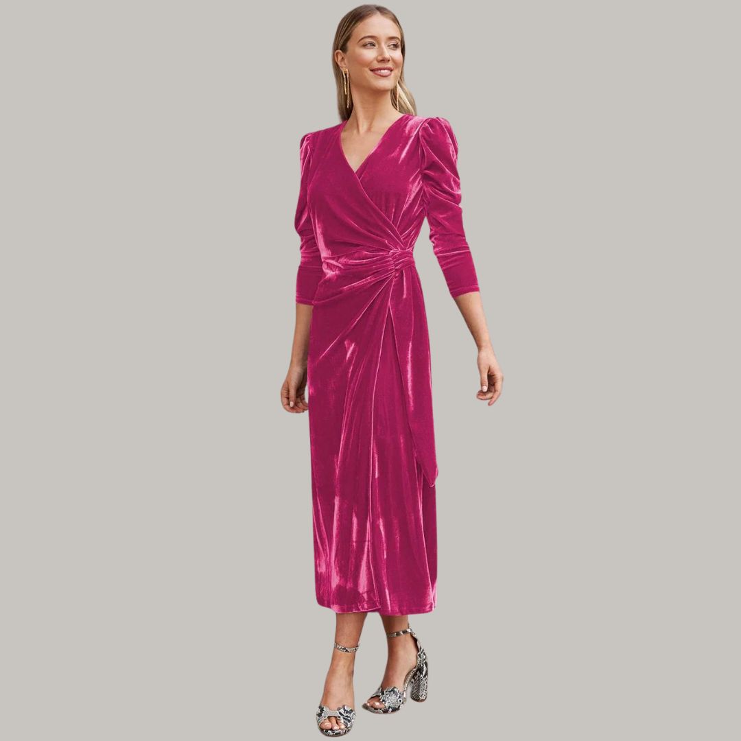 Sylis | Midi wrap dress in velvet with puff sleeves