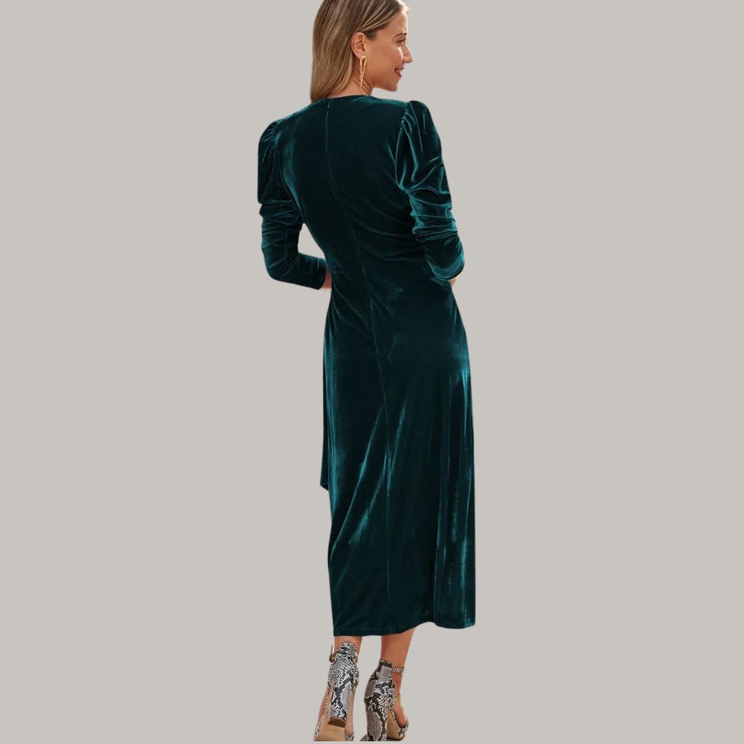 Sylis midi long wrap type velvet dress with puffed sleeves