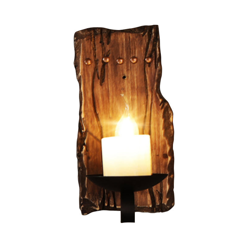 Oval/Fish-shaped Wooden Wall Sconce Light Rustic 1 Head Kitchen Wall-mounted Lamp with Candle/Lantern in Brown
