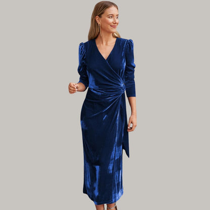 Sylis midi long wrap type velvet dress with puffed sleeves