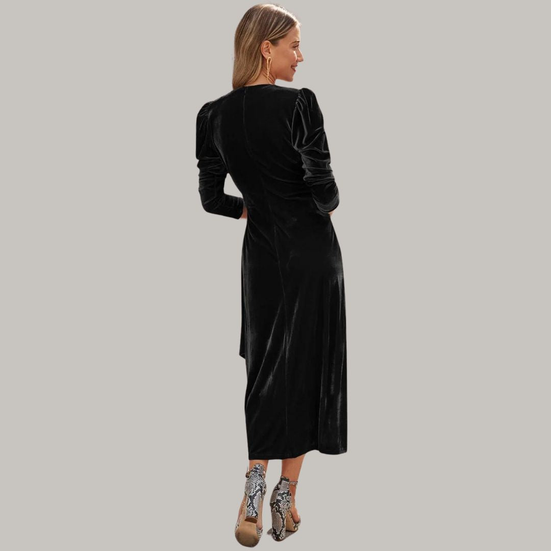 Sylis midi long wrap type velvet dress with puffed sleeves