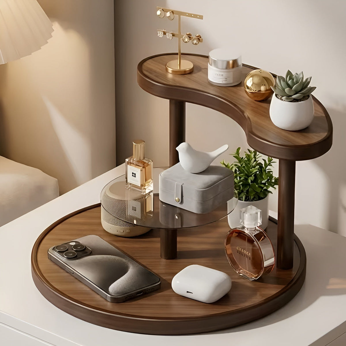 Rotating wooden makeup organizer - 3-tiered and staMerocie | Practical storage for cosmetics
