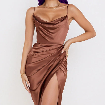 Satin dress with ruffles and thin straps