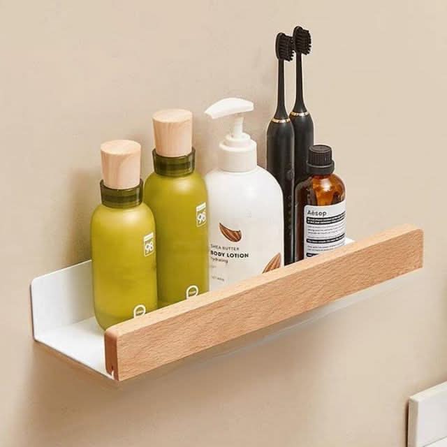 No-Drill Solid Wood Bathroom Wall Shelf