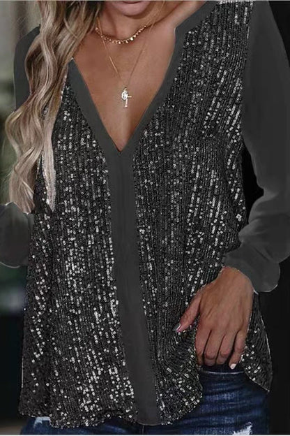 Sylis-Mode | Long Sleeve Sequin V Neck Blouse