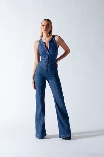 Sylis | Denim overalls for women, back cutout with heart-shaped neckline, sleeveless, fitted, jumpsuit