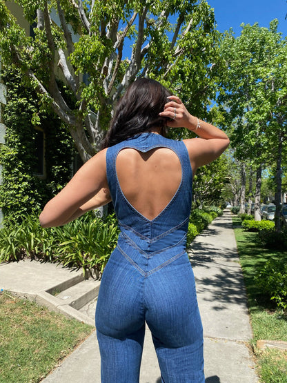Sylis | Denim overalls for women, back cutout with heart-shaped neckline, sleeveless, fitted, jumpsuit