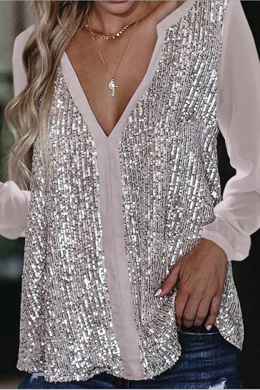 Sylis-Mode | Long Sleeve Sequin V Neck Blouse