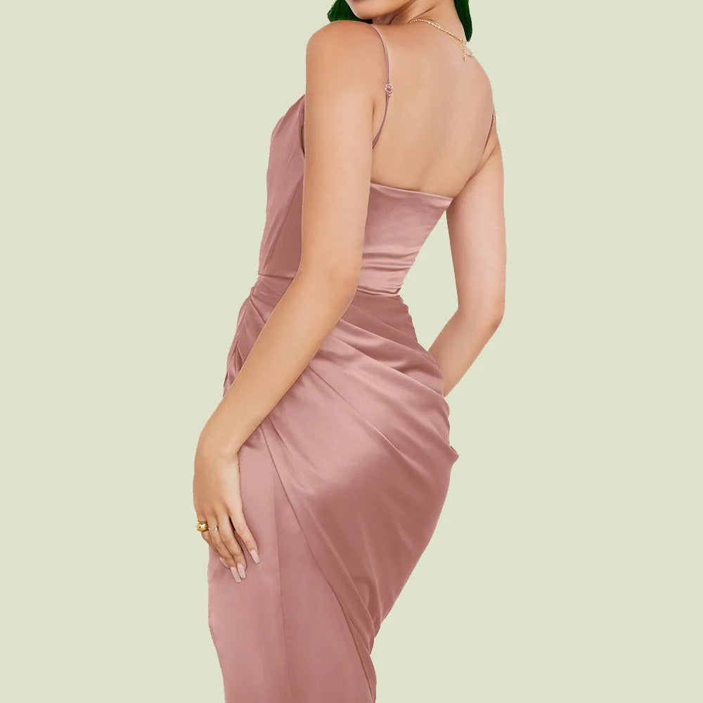 Satin dress with ruffles and thin straps