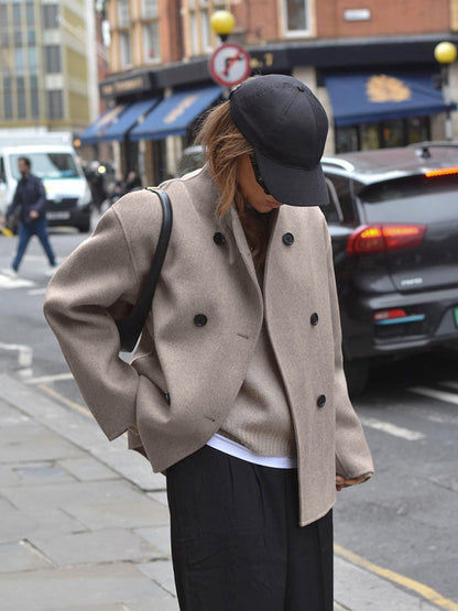 Sylis-Mode | Women's Jacket - Beige Short Wool Jacket with Stand Collar and Button Closure