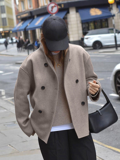 Sylis-Mode | Women's Jacket - Beige Short Wool Jacket with Stand Collar and Button Closure