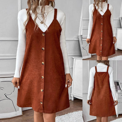 Sylis cord dress with straps, V neck and button details