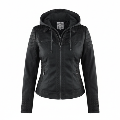 Sylis biker jacket in faux leather with hood | Plus sizes (L–3XL)