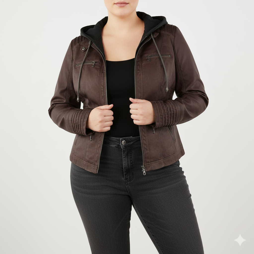 Sylis biker jacket in faux leather with hood | Plus sizes (L–3XL)