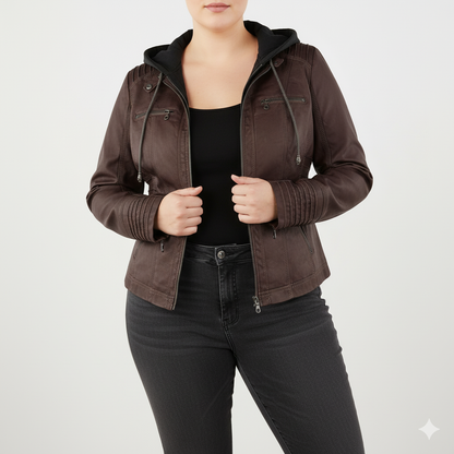 Sylis biker jacket in faux leather with hood | Plus sizes (L–3XL)