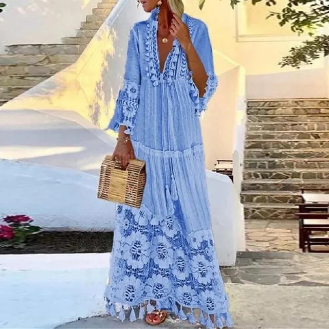Sylis | Long bohemian dress with lace and tassels
