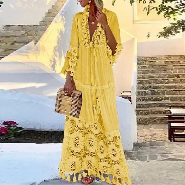 Sylis long dress with lace and fringes