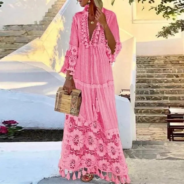 Sylis | Long bohemian dress with lace and tassels