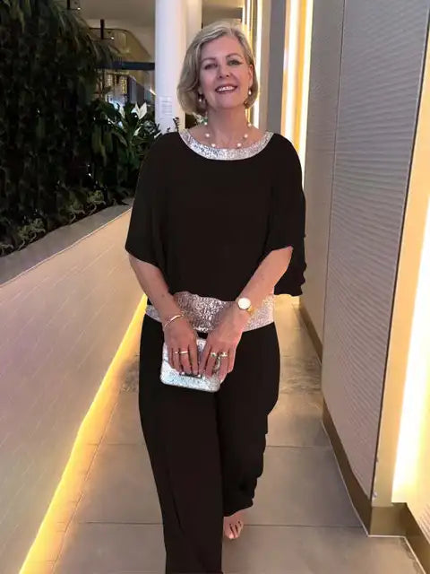 Elegant night Sylis: Shiny top and palazzo pants