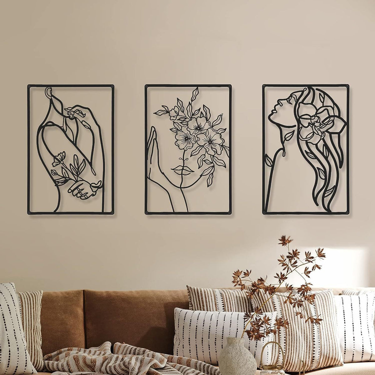 Minimalist Metal Line Art Floral Portrait Triptych Wall Panels Meroci