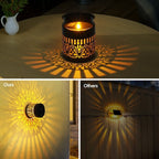 Decorative Solar-Powered Metal Lantern With Geometric Cutout And Warm LED Candle Effect