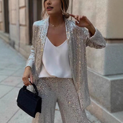 Sylis Glittering Blazer Suit with Wide Legs and Shimmering Sequins Heidi Fashion