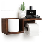 Wall-Mounted Wooden Toilet Paper Shelf Organizer with Metal Roll Holder and Storage Cubby