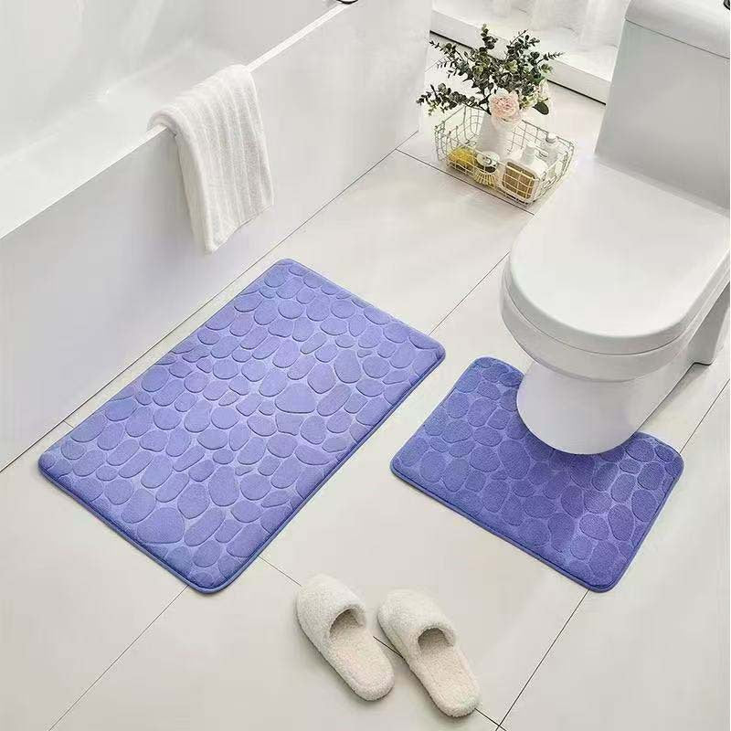 Pebble-Texture Memory Foam Bath Mat Set with U-Shaped Toilet Contour and Rectangular Non-Slip Rug