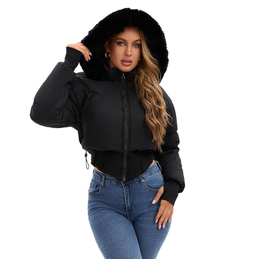 Sylis cropped down jacket with removable hood and faux fur detail Heidi fashion