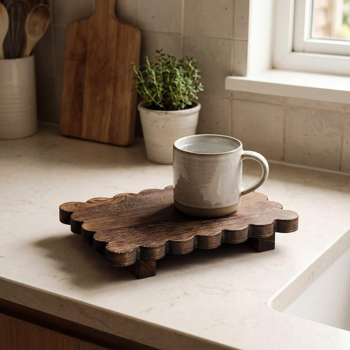 Scalloped reclaimed wood display pedestal for candles and succulents