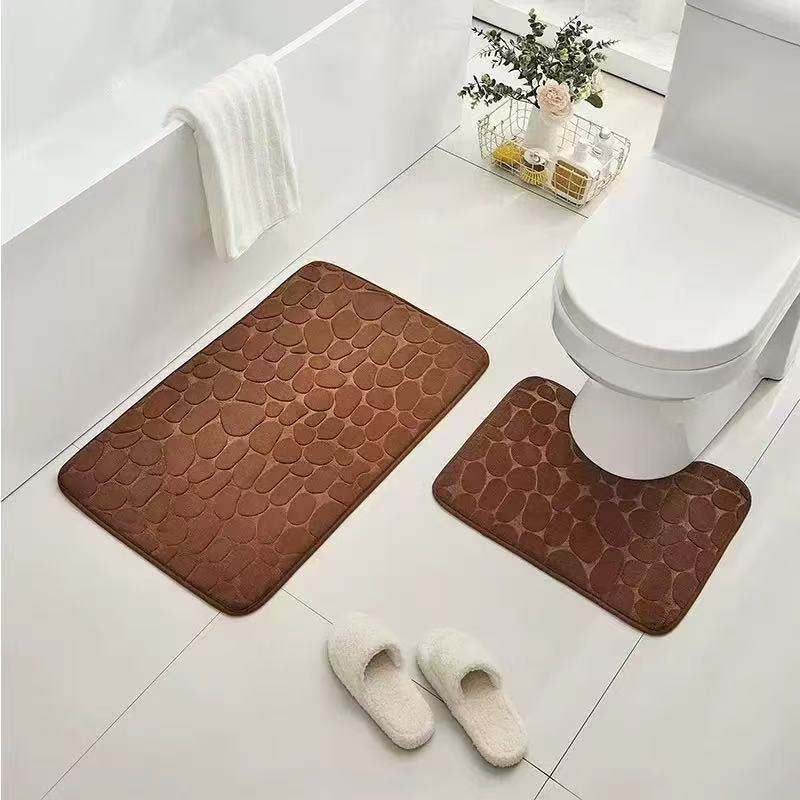 Pebble-Texture Memory Foam Bath Mat Set with U-Shaped Toilet Contour and Rectangular Non-Slip Rug