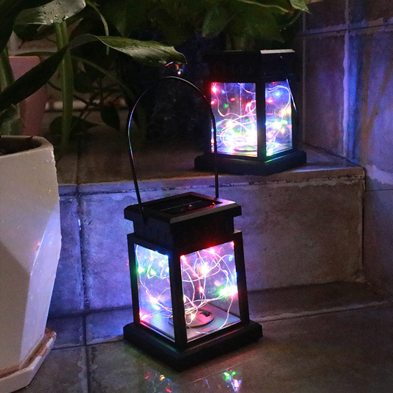 Outdoor Hanging LED Faux-Candle Glass-Pane Solar Lantern