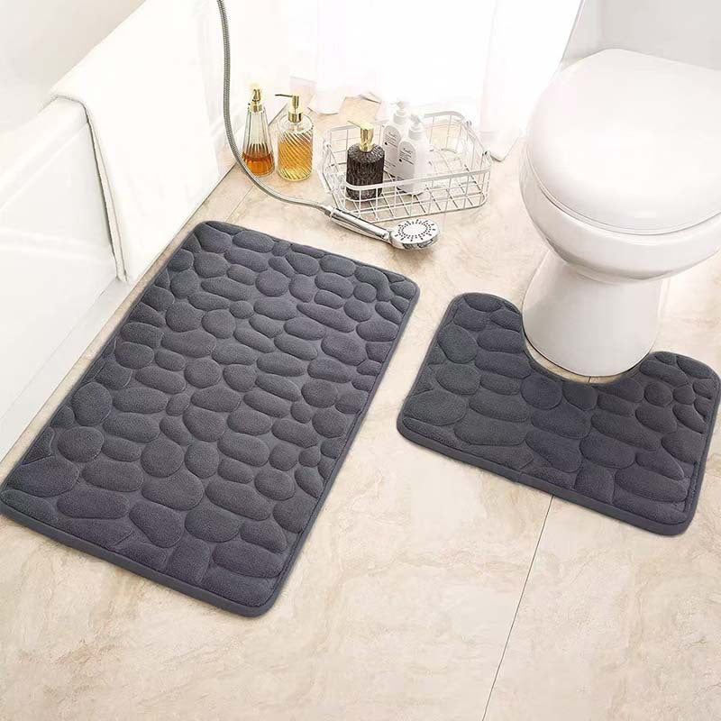 Pebble-Texture Memory Foam Bath Mat Set with U-Shaped Toilet Contour and Rectangular Non-Slip Rug